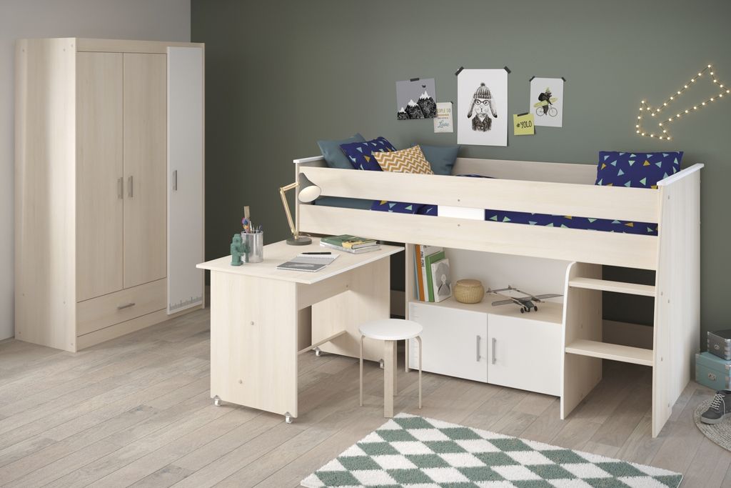 Jugendzimmer-Set >Charly 6< Funktion-Hochbett und Kleiderschrnak in Akazie Nachbildung / Weiß
