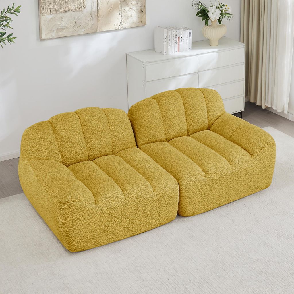 Muschelförmiges Zweisitzer-Modulsofa, Granulat-Fleece, Tiefensitz, kein Aufbau nötig, 210 x 104 x 79 cm, Gelb