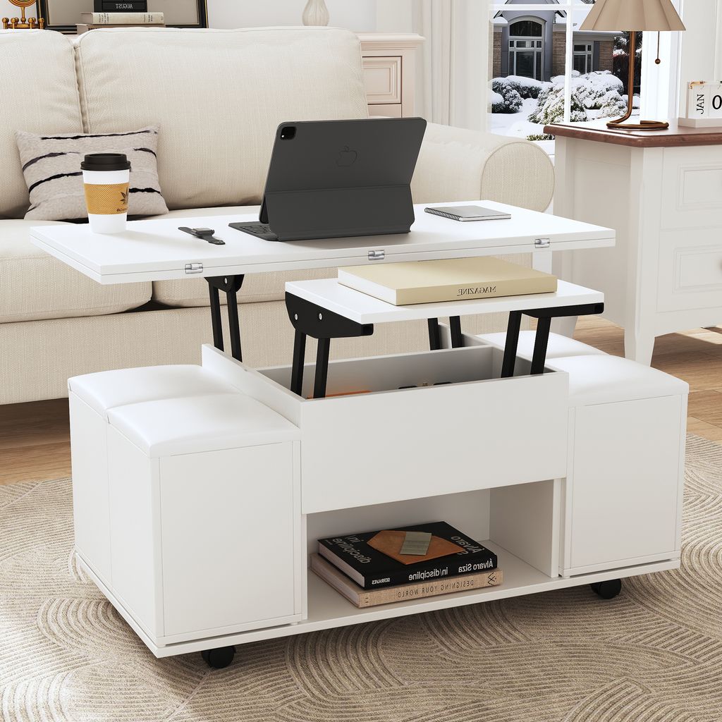 A white lift-top coffee table with hidden storage and four stools is shown in a living room setting, next to a sofa.
