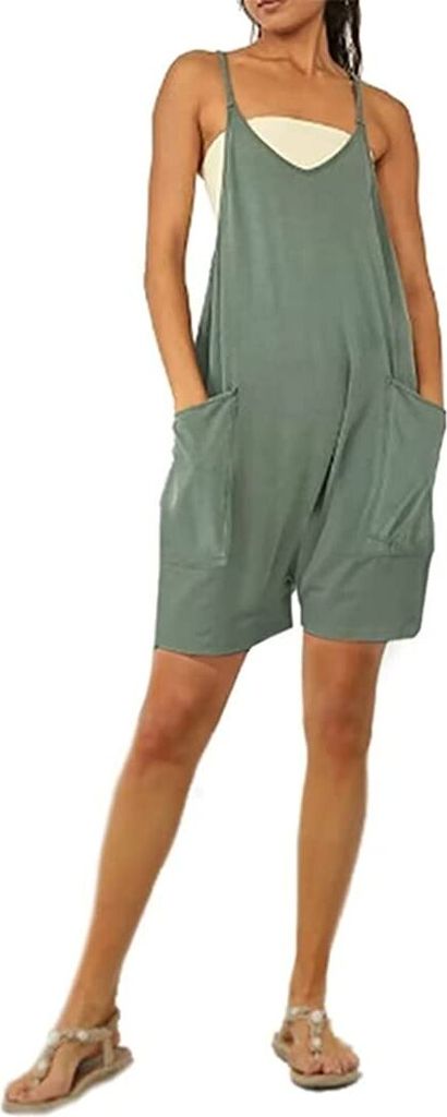 ASKSA Damen Jumpsuit Sommer Ärmellos Kurz Latzhose Overall Casual Baggy Hosenanzug Playsuit Shorts Trägerhose, Grün, 4XL