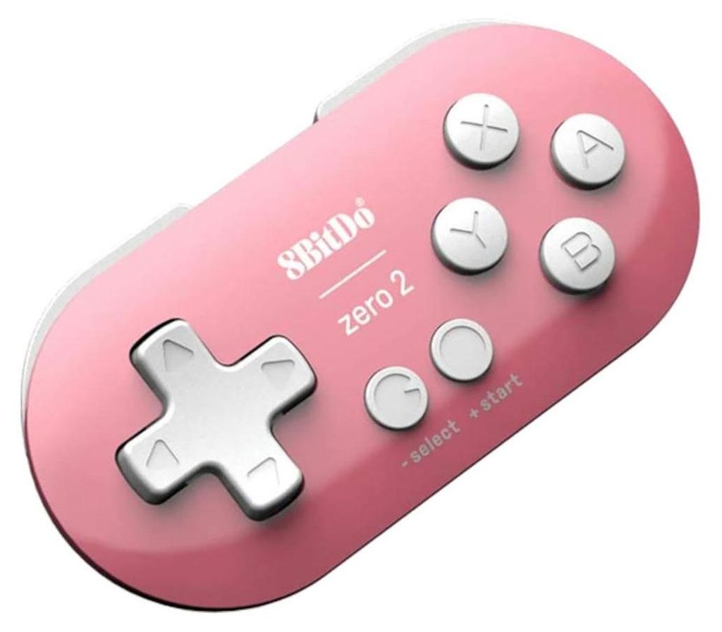 A pink 8BitDo Zero 2 Bluetooth gamepad is shown from a slightly elevated angle against a white background.