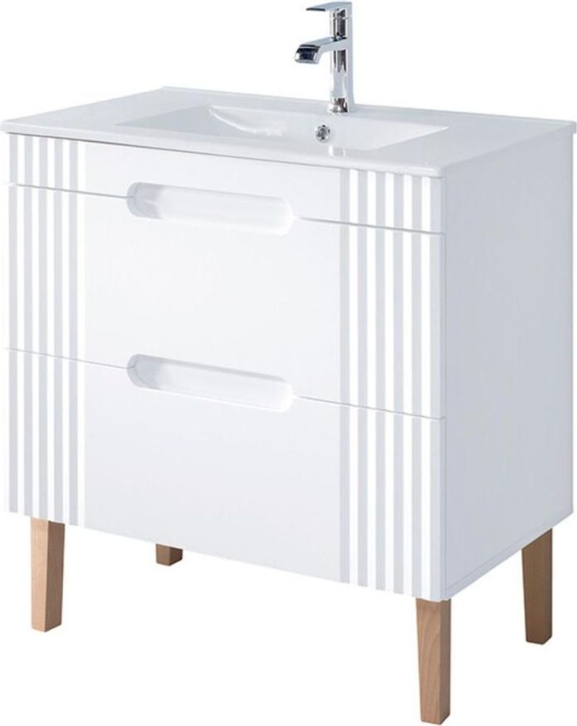 Badezimmer-Set FIDJI: Waschtischunterschrank 80cm + Einbauwaschbecken weiß + Siphon + Füße
