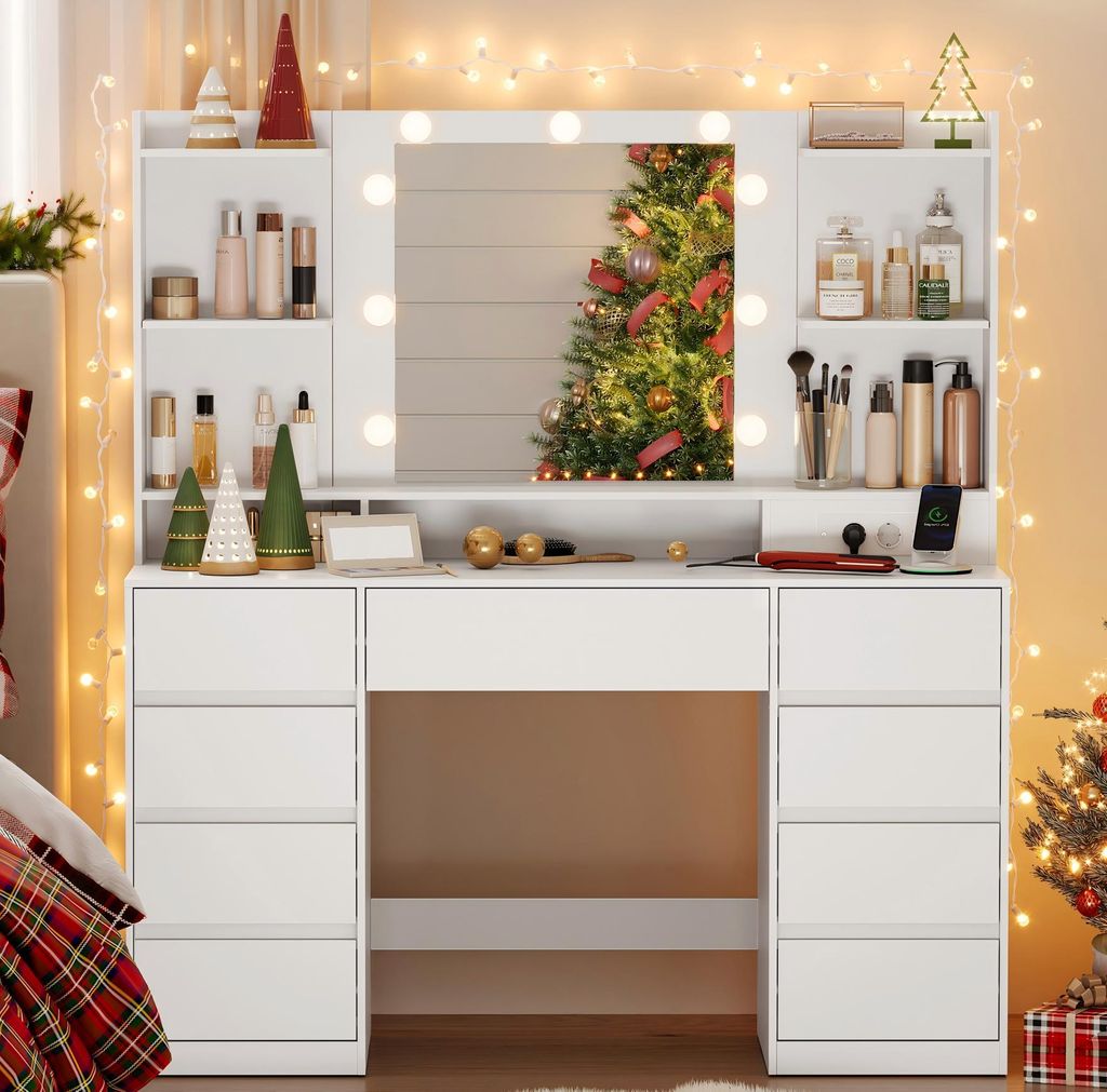 VASAGLE Schminktisch mit Steckdosenleiste, Glühbirnen, 3 Lichtfarben, werkzeuglose Gleitschienen