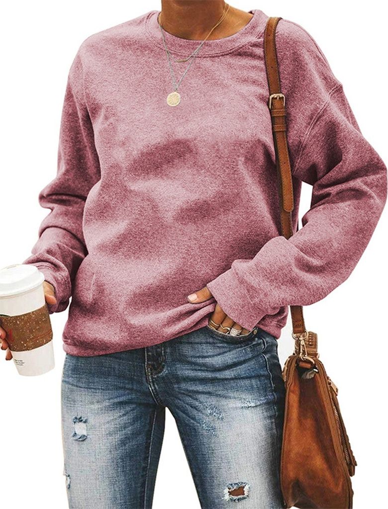 ASKSA Damen Pullover Rundhals Einfarbige Sweatshirt Herbst Winter Langarmshirt Casual Lose Oberteile, HellPink, M