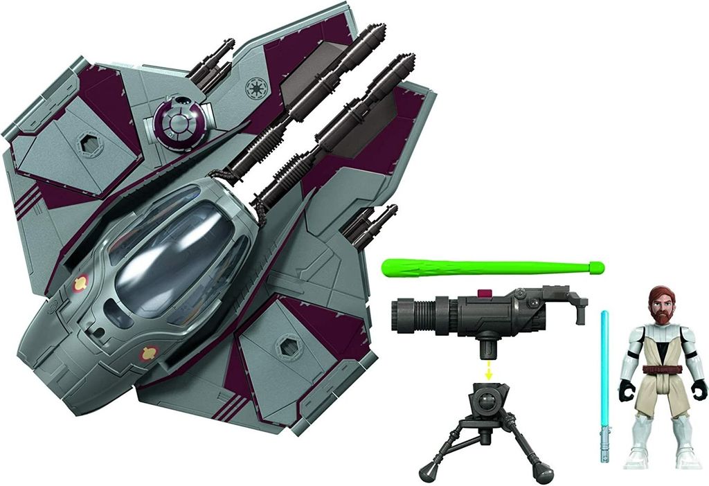 A Star Wars toy set featuring a spaceship and an Obi-Wan Kenobi action figure with accessories.