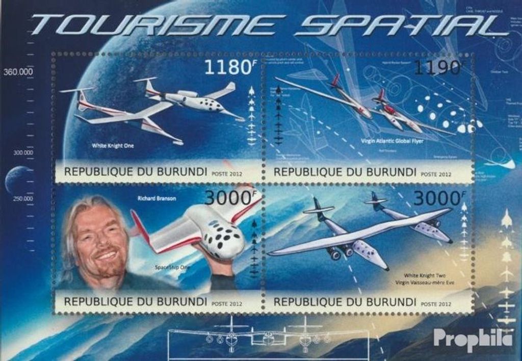 Briefmarken Burundi 2012 Mi 2973-2976 Kleinbogen (kompl. Ausgabe) postfrisch Weltraumtourismus (White Knight One)