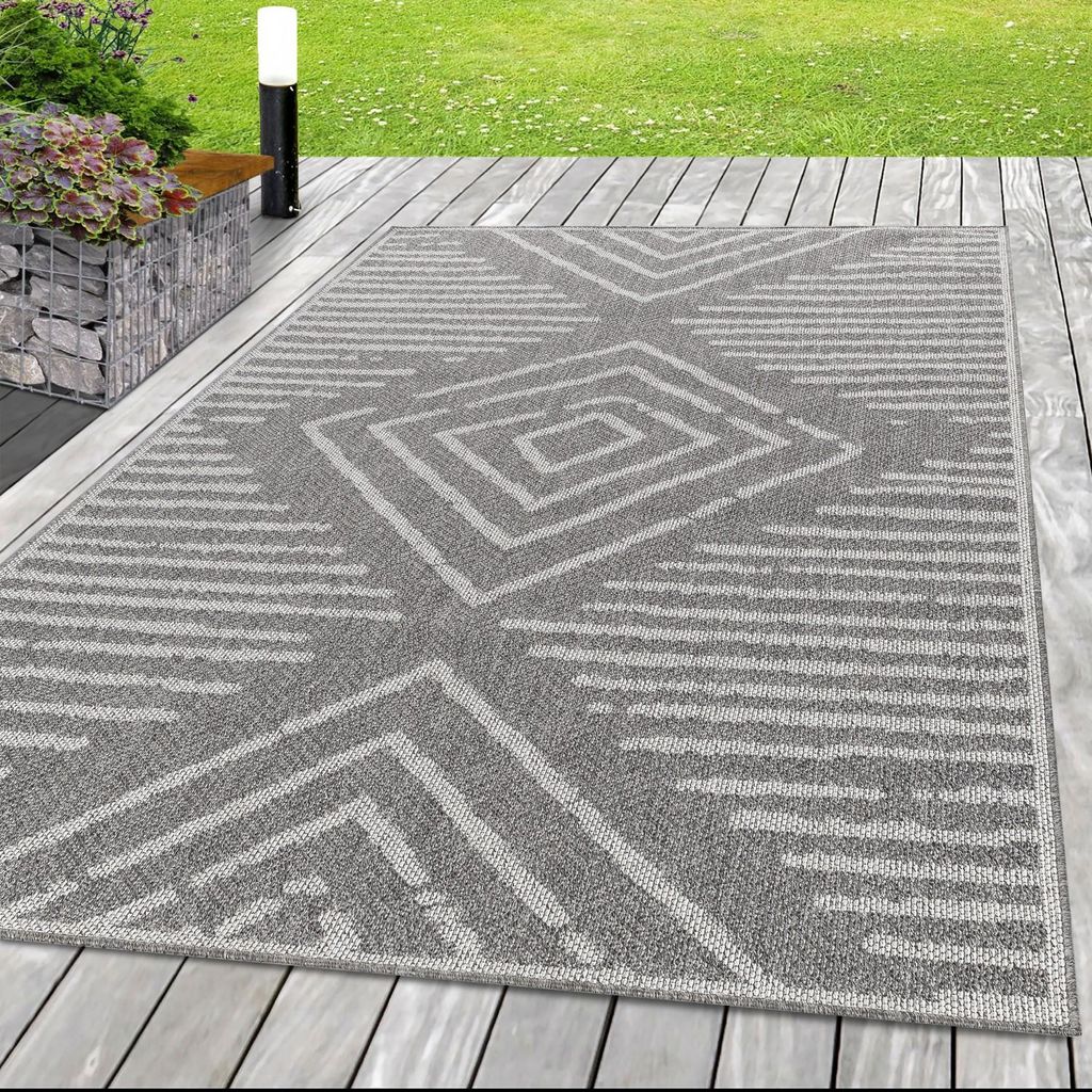 Grauer Sisalteppich mit gestreiftem Karomuster für den Innen- und Außenbereich, Terrasse, Balkon, Küche, Wohnzimmer 80 x 250 cm