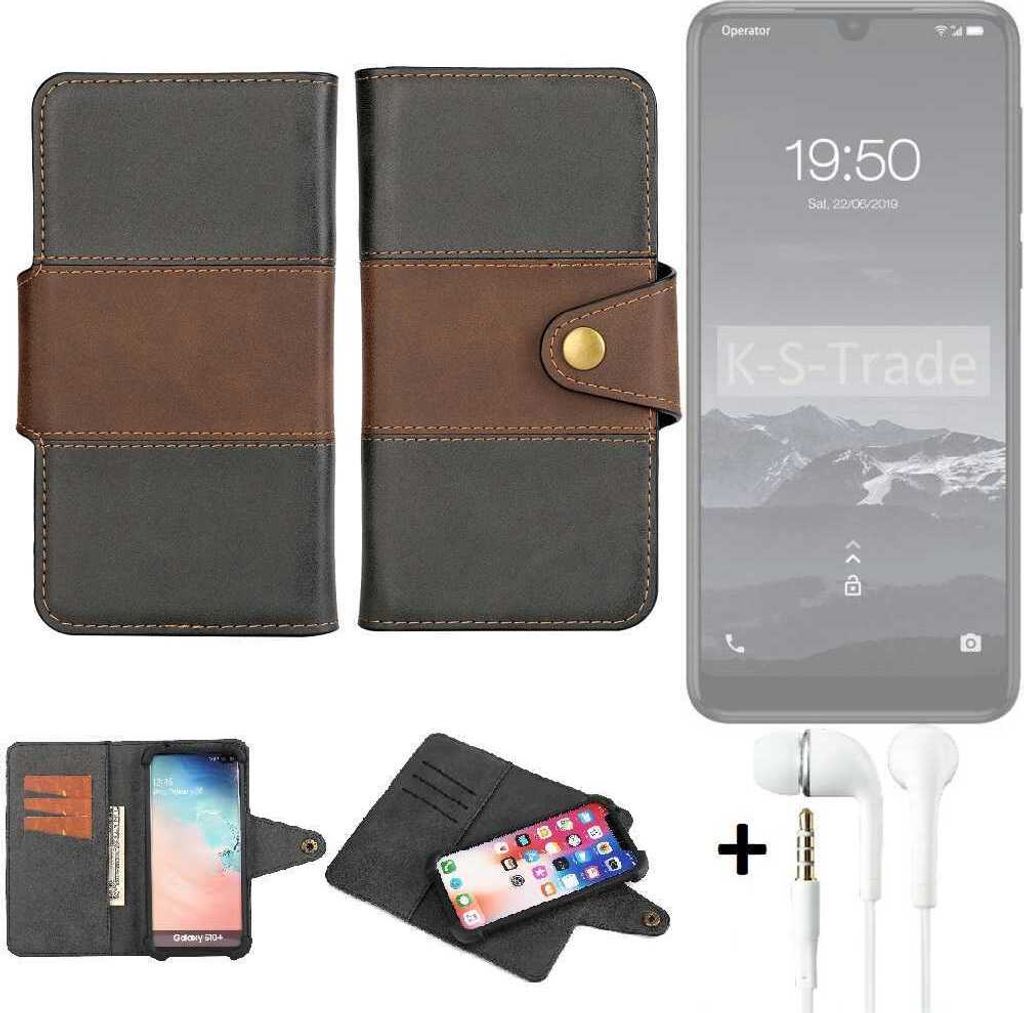 K-S-Trade Handyhülle Schutzhülle Bookstyle Wallet-Case kompatibel mit Qilive Q3 + earphones Bumper rundumschutz schwarz-braun 1x