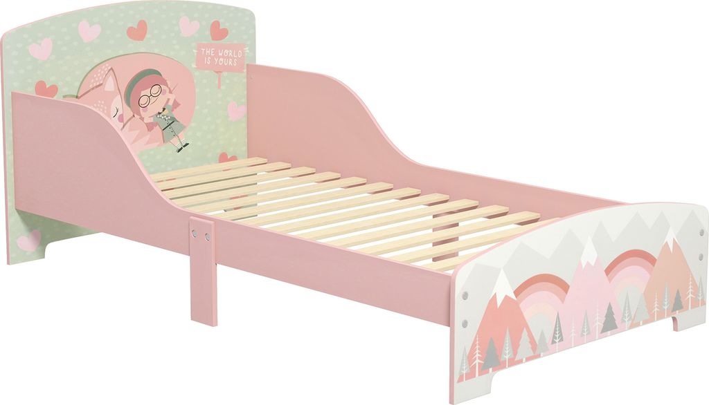 ZONEKIZ Kinderbett aus Holz, 143 x 77 x 60 cm, Bett für Kinder von 3–6 Jahren, mit Schutzbarrieren und Aufdrucken, maximale Belastung 40 kg rosa...
