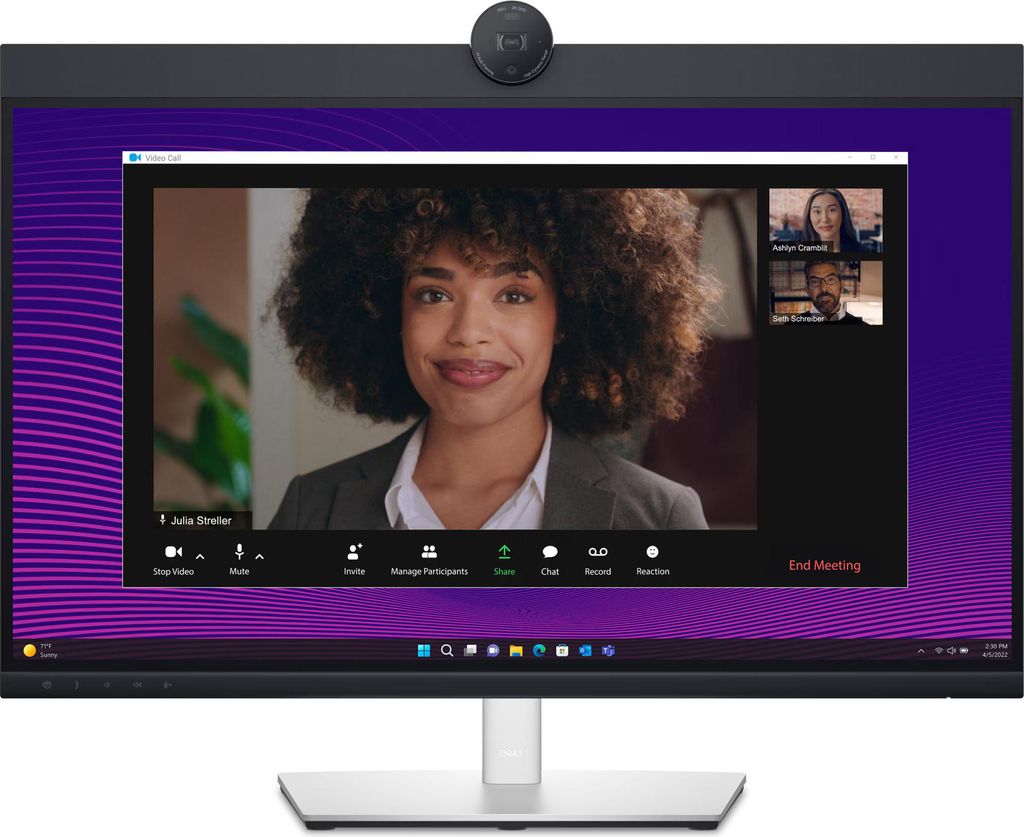 A computer monitor displaying a video conference call with multiple participants.