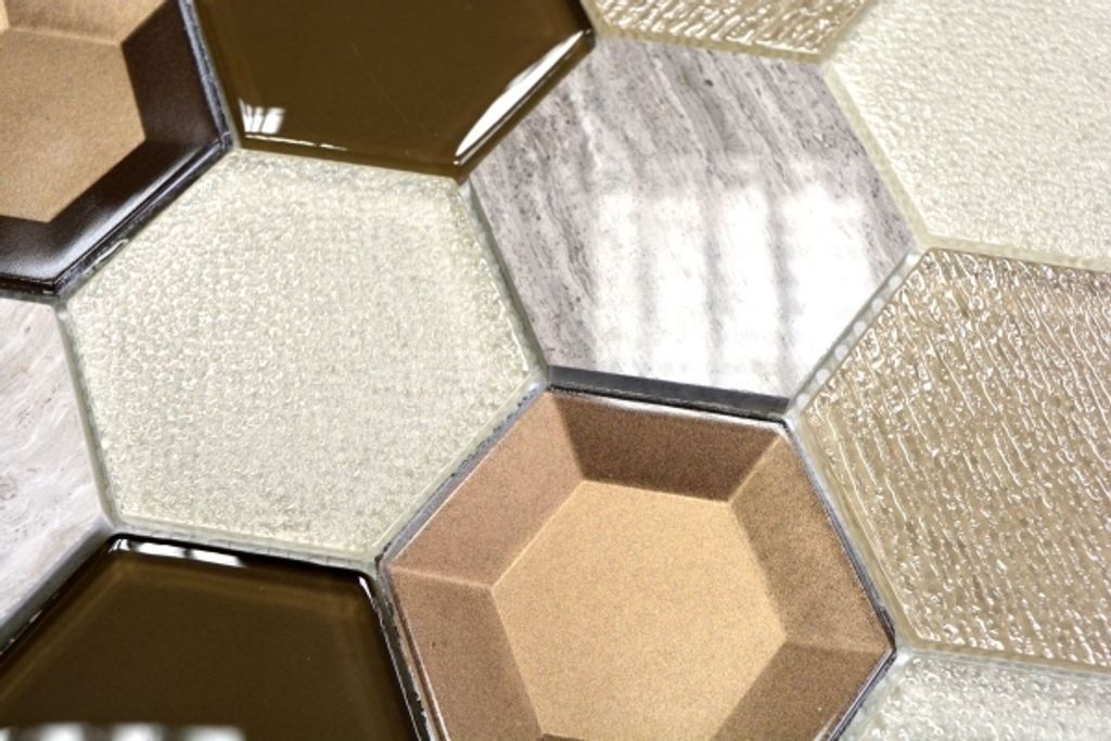 Handmuster Mosaikfliese Transluzent beige Hexagon Glasmosaik Crystal Stein 3D beige MOS11E-77_m