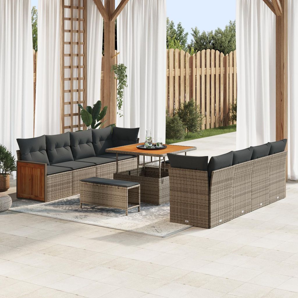 11-teiliges Garten Sofa Set mit Kissen Grau Poly Rattan Akazie, Design Gartensofas Neu