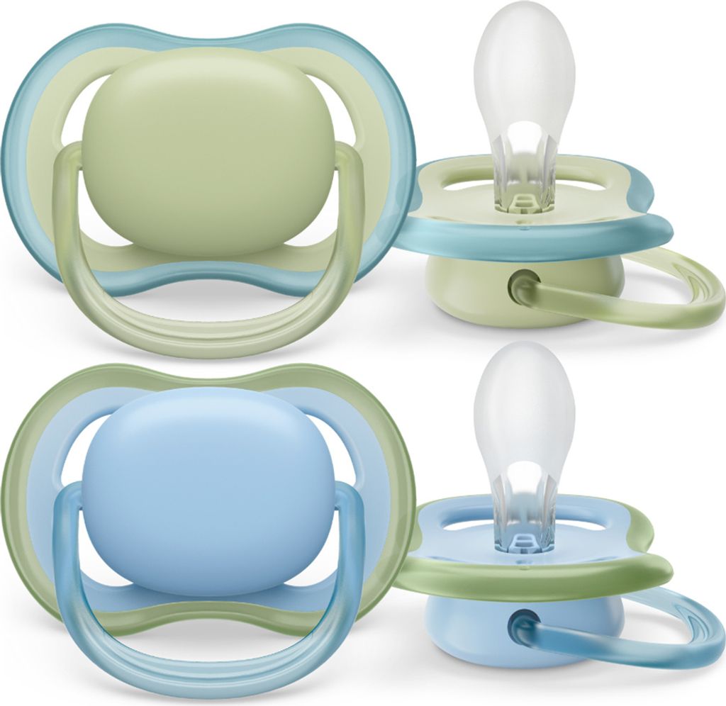 Two pairs of baby pacifiers, one green and one blue, are displayed against a white background.