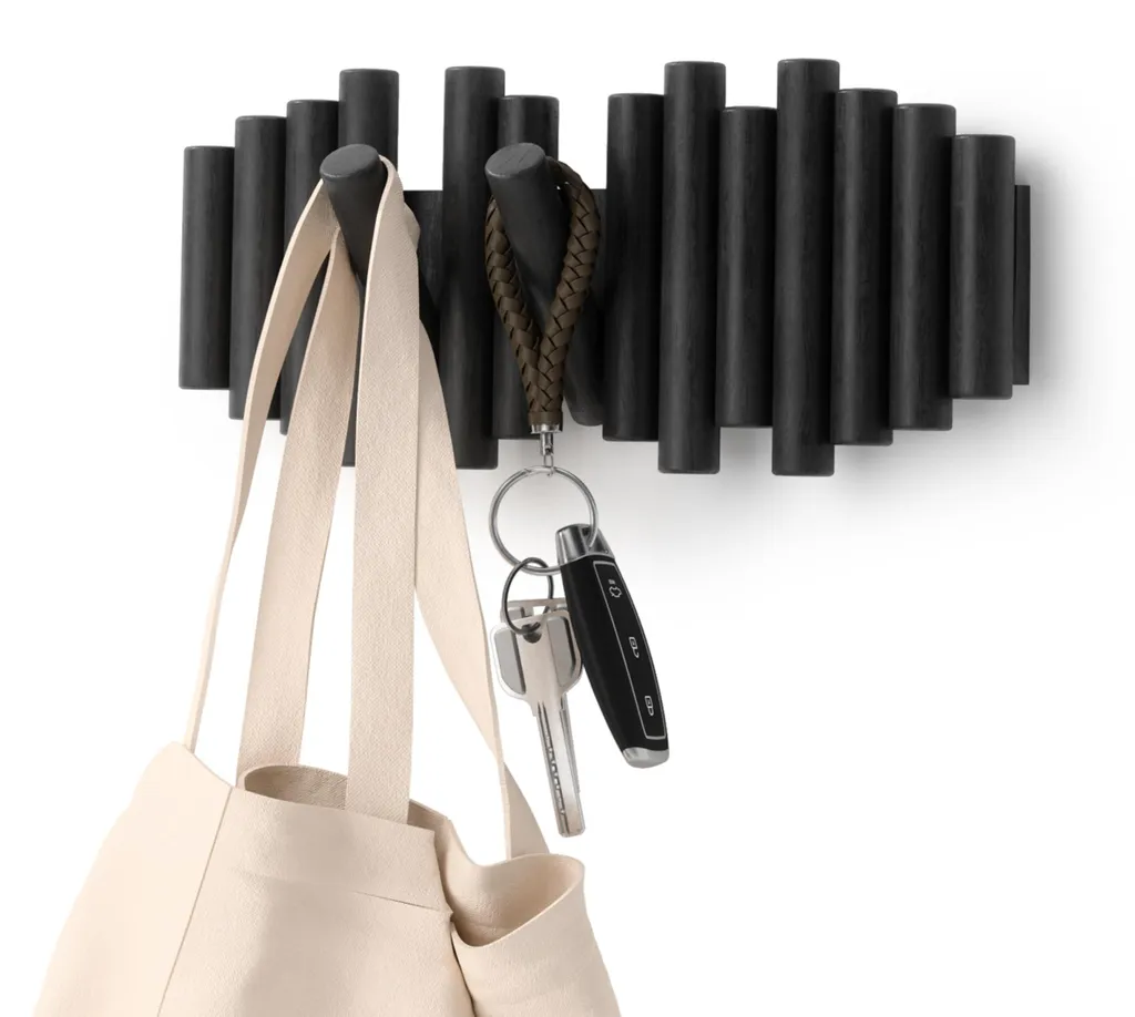 Patère moderne en pin noir 5 crochets rétractables style Picket