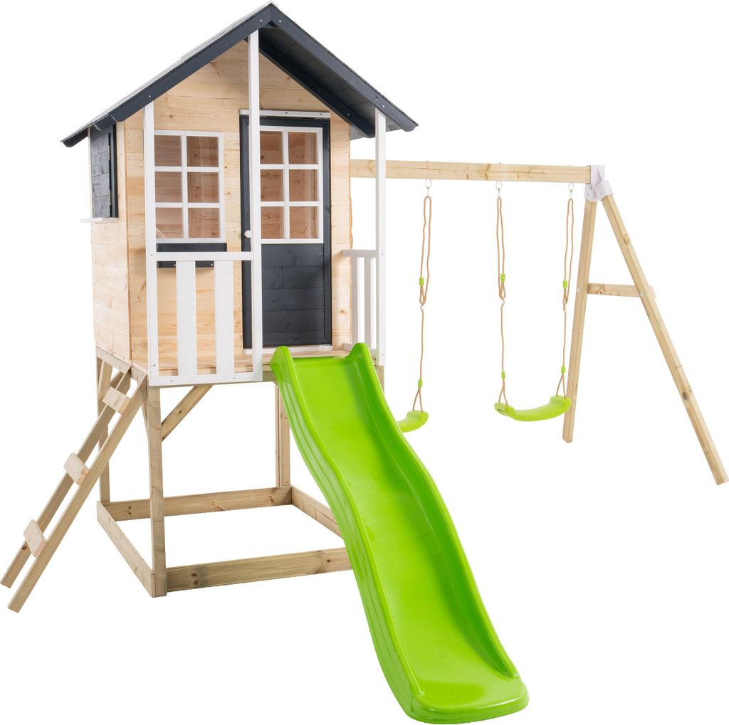 Stelzenhaus mit Plattform, Rutsche und 2 Schaukeln JACINTHES braun