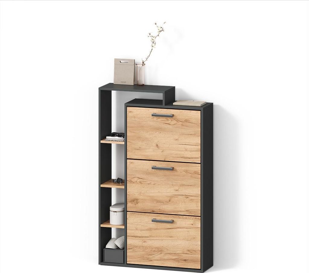 Schuhkipper Livinity Ortello Goldkraft Eiche/Anthrazit 80 x 128.3 cm mit 3 Fächern, Model 55854
