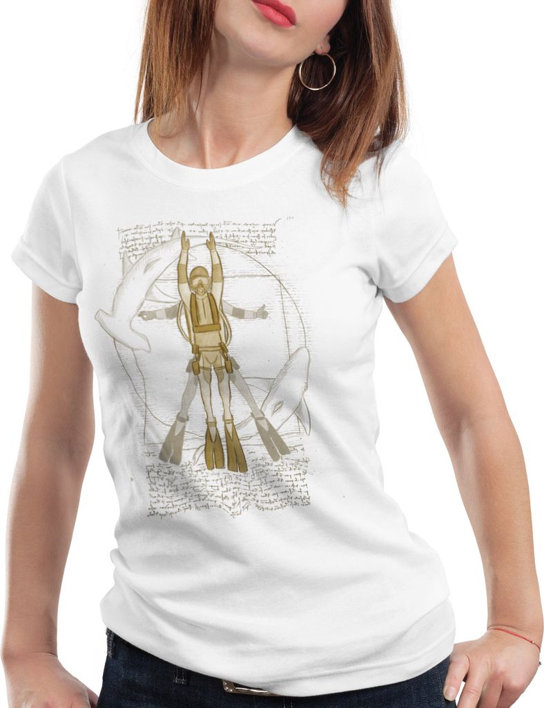 style3 Vitruvianischer Taucher Damen T-Shirt froschmann scuba schnorcheln, Farbe:Weiß, Größe:M
