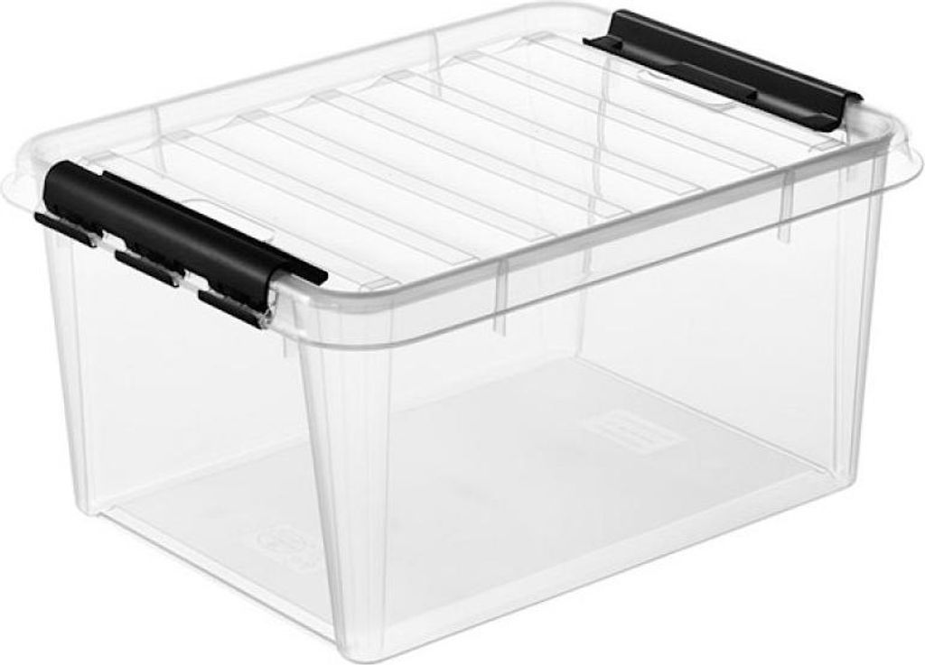 A clear studio shot of a transparent storage box with black latches.