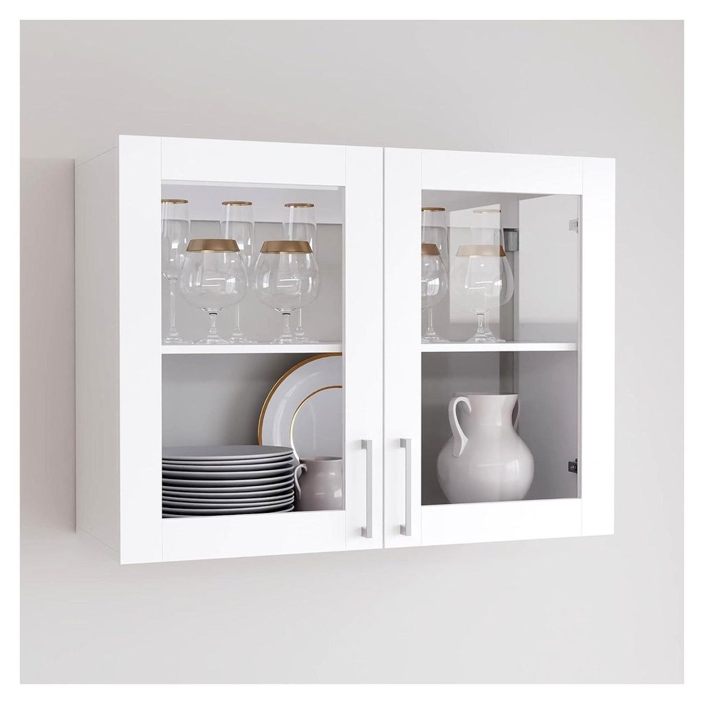 Hängeschrank in Weiß mit Glastüren, 80 x 31,5 x 60 cm – Wandschrank mit verstellbarem Einlegeboden, Metallgriffen und 2 Türen aus Sicherheits...