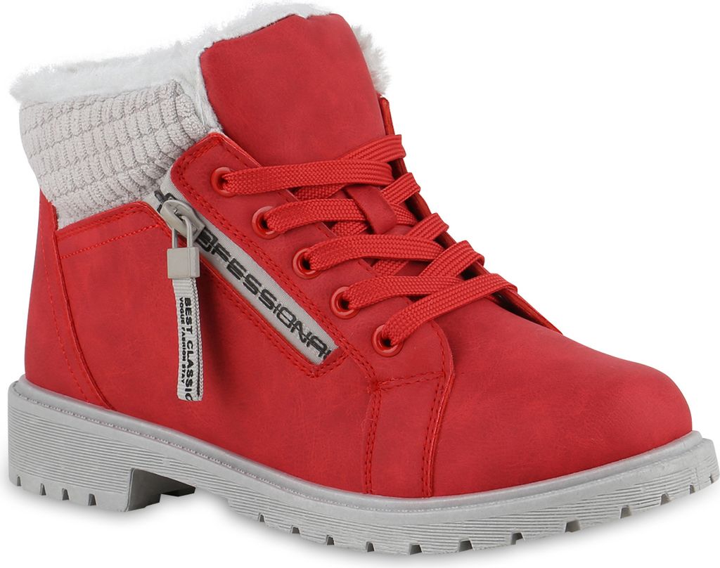 VAN HILL Damen Warm Gefüttert Worker Boots Stiefelette Bequem Prints Schuhe 841489, Farbe: Rot, Größe: 39