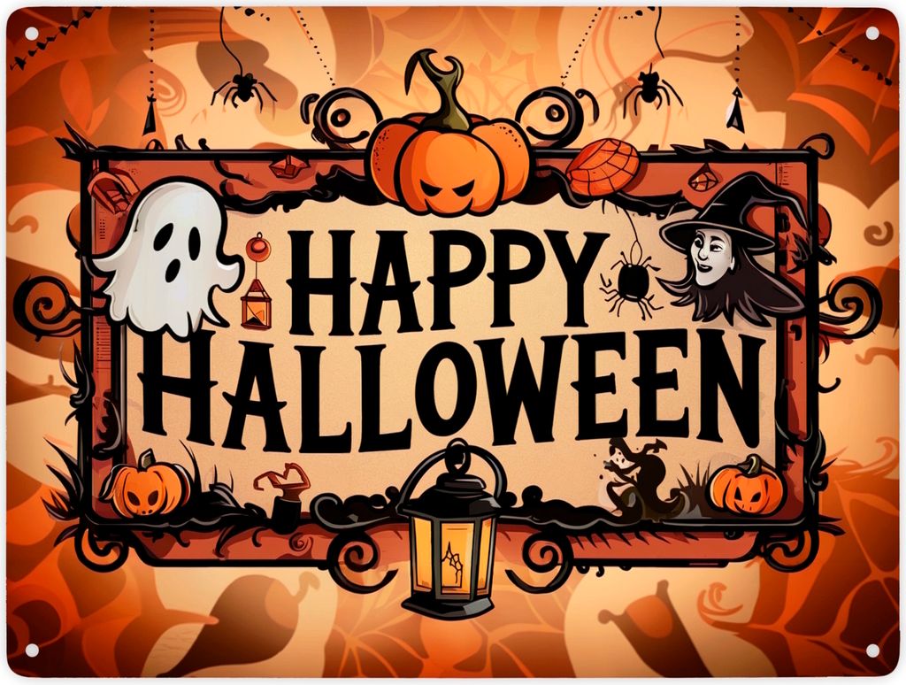 Happy Halloween Metallschild XXL in 28x38 cm mit Geistern und Laternen