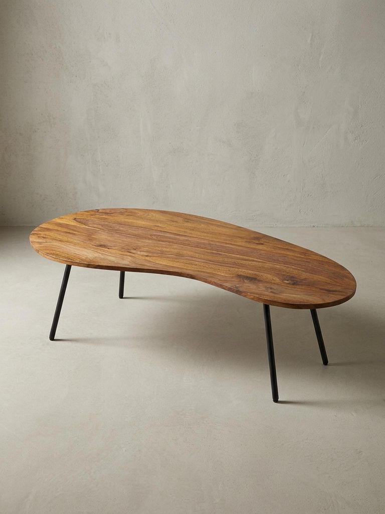 Retro-Couchtisch "Calabria": Massivholz, Metallbeine, Pflegeleichte Tischplatte, Nierenform. Braun, 122x63x36 cm | Kadima Design