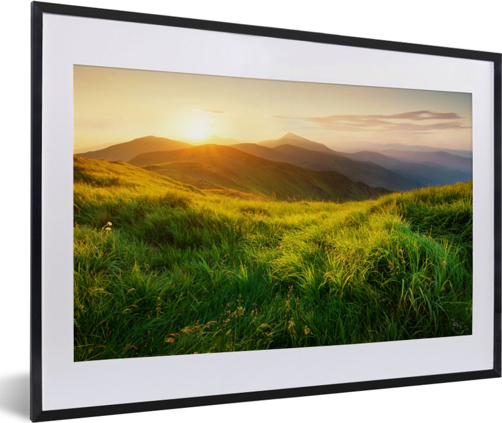 MuchoWow Gerahmtes Poster Gras - Hügel - Sonne - Natur - Landschaft 60x40 cm - Poster mit Schwarzem Bilderrahmen Wandposter Rahmen Foto Bilder -...