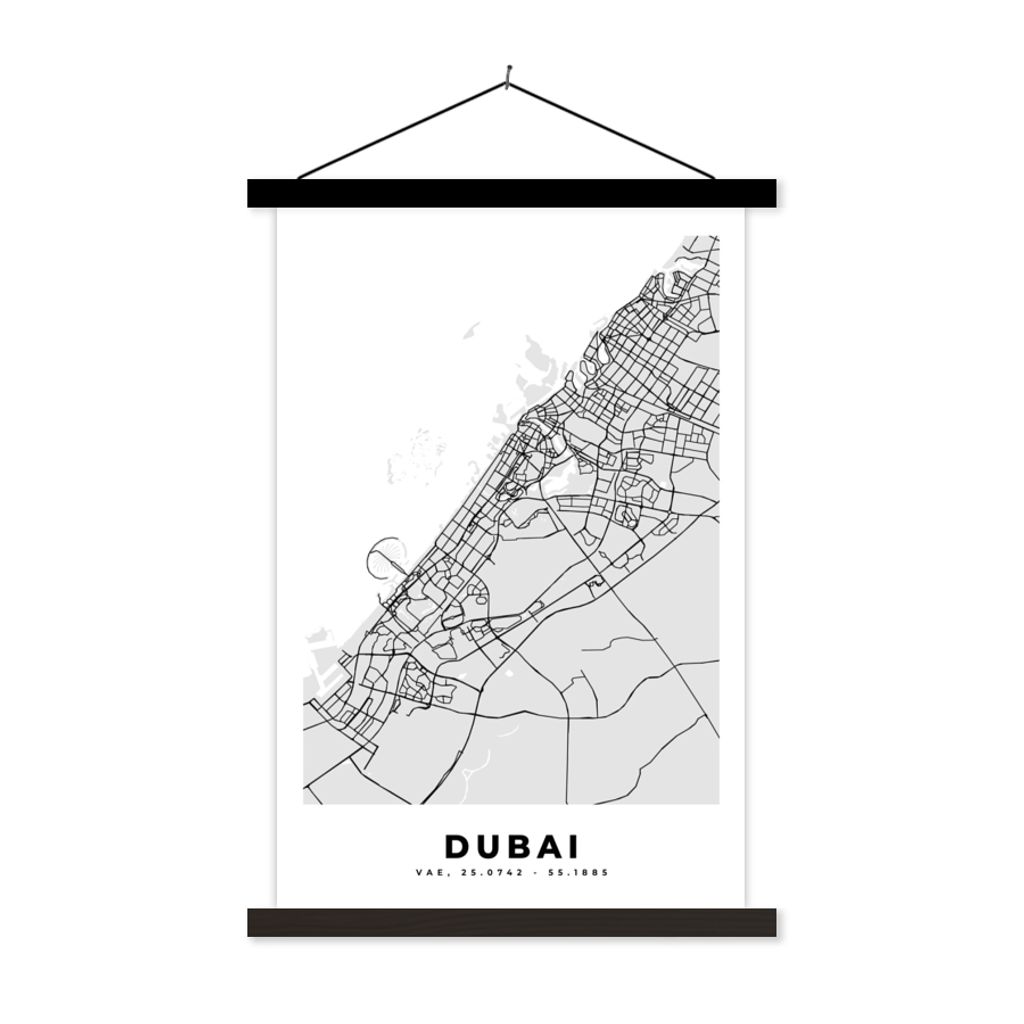 MuchoWow Textilposter Dubai - Stadtplan - Schwarz und Weiß - Karte 60x90 cm mit schwarzem Rahmen - Poster Wohnzimmer