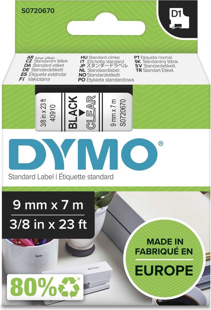 DYMO D1  Schriftband 40910   9mmx7.0m schwarz->transp. Immagine del prodotto 