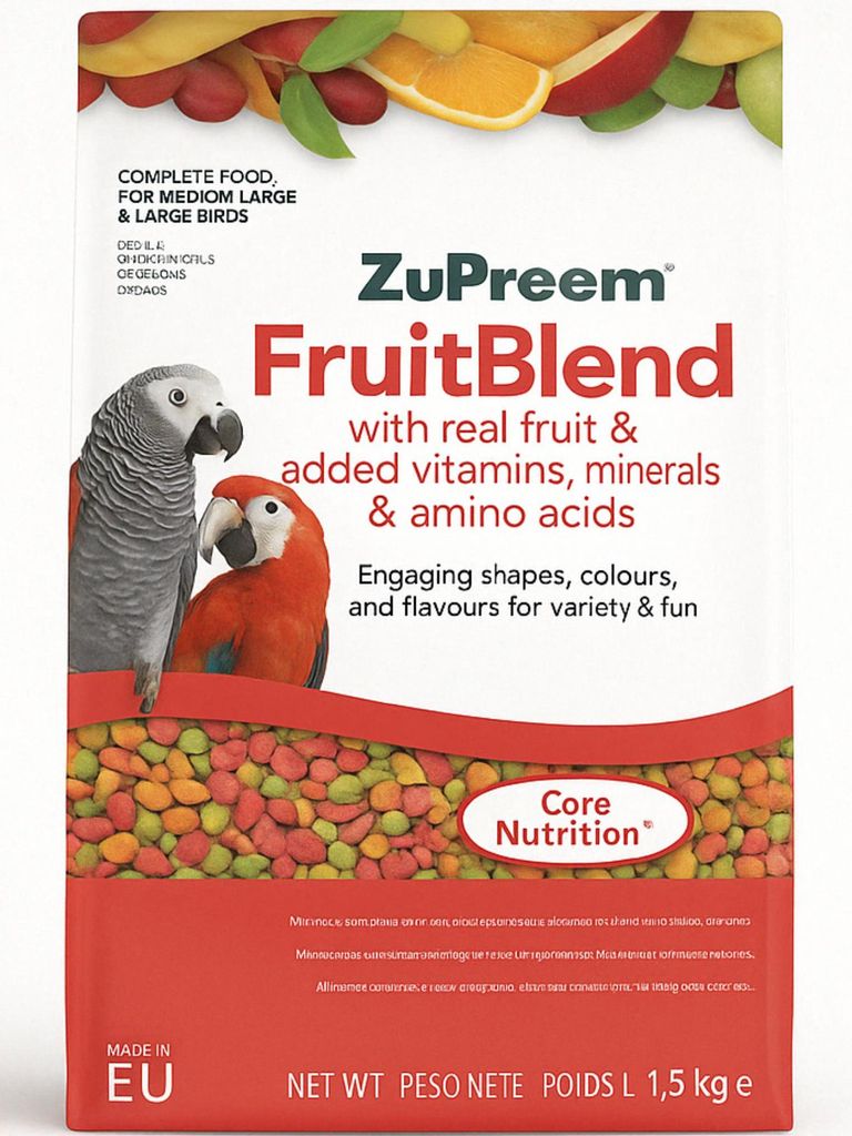 A product package for bird food, featuring images of birds and the product itself.