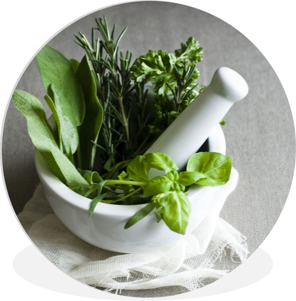 MuchoWow Rundes Wandbild - Runde Bilder Die frischen Kräuter in einem Mörser Ø 90 cm Kreis Wanddekoration Kunststoff - Wandkreis - Wandschmuck...