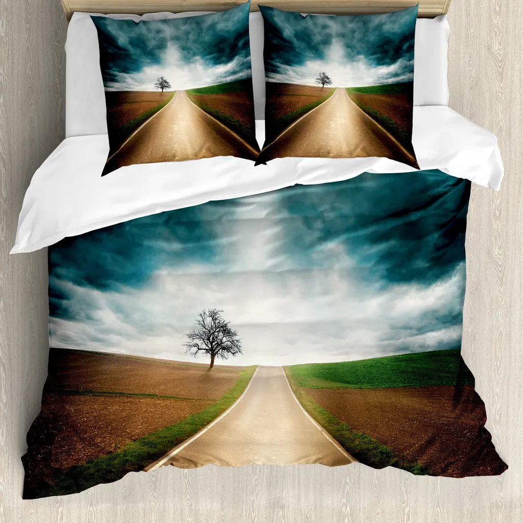 ABAKUHAUS Copripiumino paesaggio, viaggi su strada nuvole, antiacaro adatto a chi soffre di allergie con federe, 155 cm x 220 cm - 80 x 80 cm, marrone verde acqua