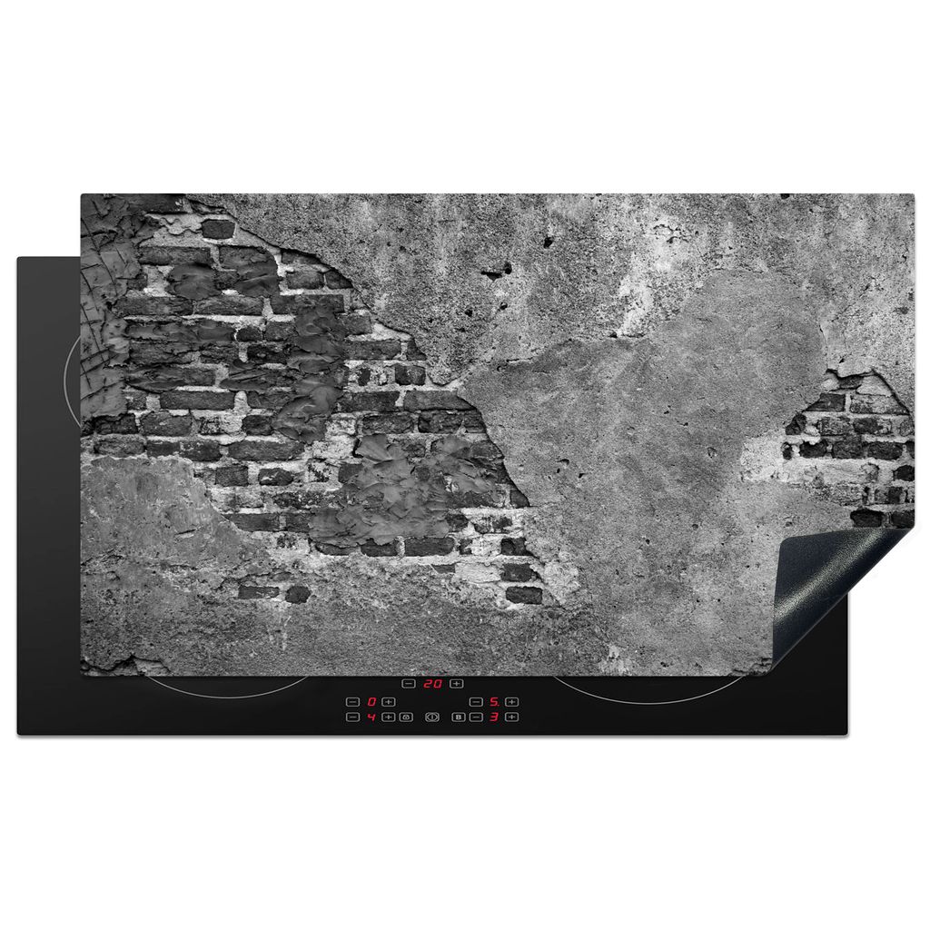 KitchenYeah Herdabdeckplatte Mauer - Ziegel - Zement - Beton - Schwarz - Weiß , 91x52cm, Küche Deko, Glaskeramikkochfeld Herdabdeckung, Abdeckp...