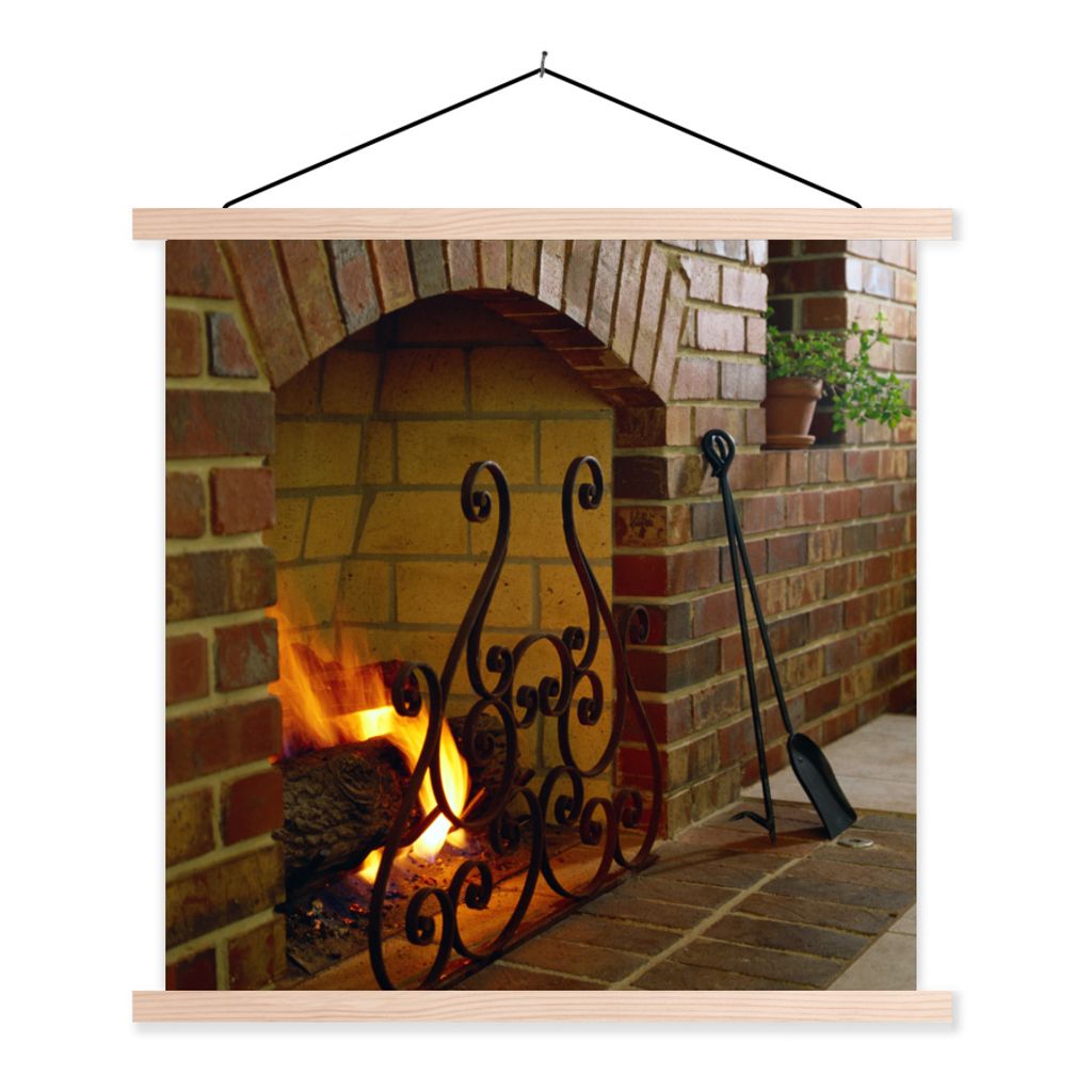 MuchoWow Textilposter Feuer im Kamin 120x120 cm mit holzfarbenen Rahmen - Textil-Poster
