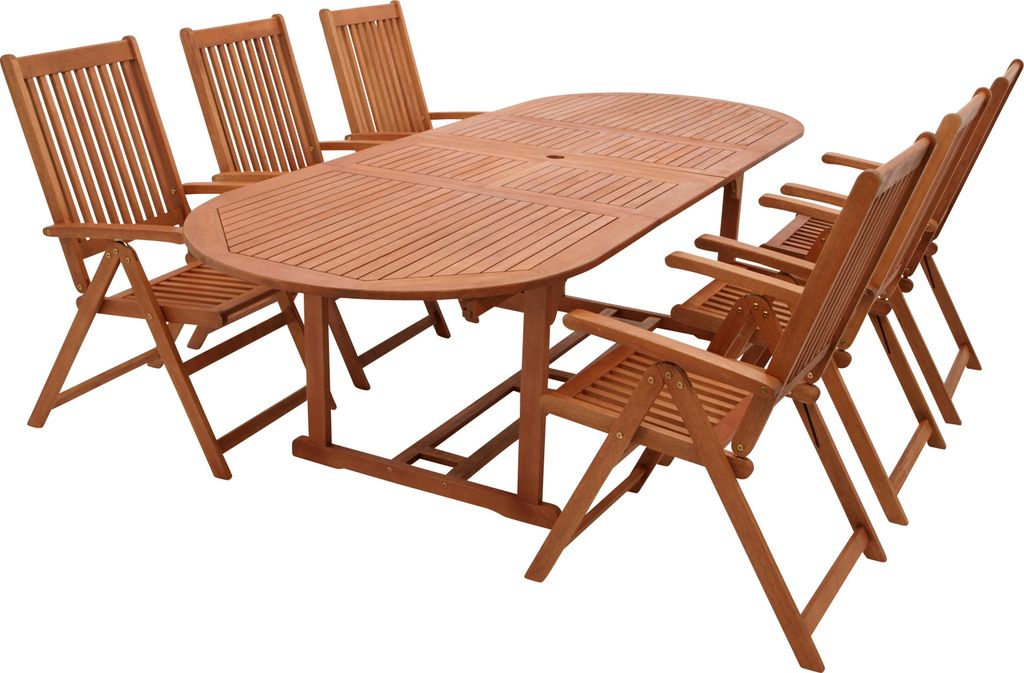 DEGAMO Gartenset Sitzgruppe Gartengarnitur LAGO 7-teilig, 6x Klappsessel 8-fach verstellbar und 1x Ausziehtisch 180/260x100cm, Holz Eukalyptus geölt
