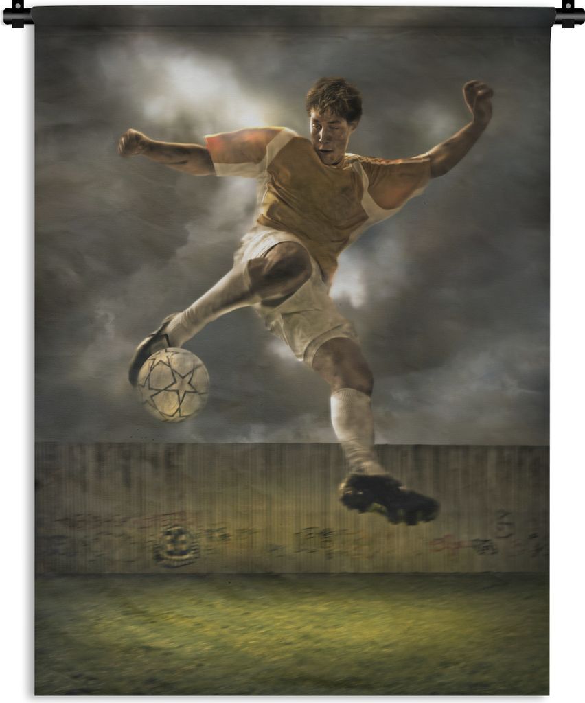 MuchoWow Wandteppich Wandbehang Eine Illustration eines Fußballspielers, der den Ball schießt - Jungen - Kinder 90x120 cm Tapisserie Dekoration...