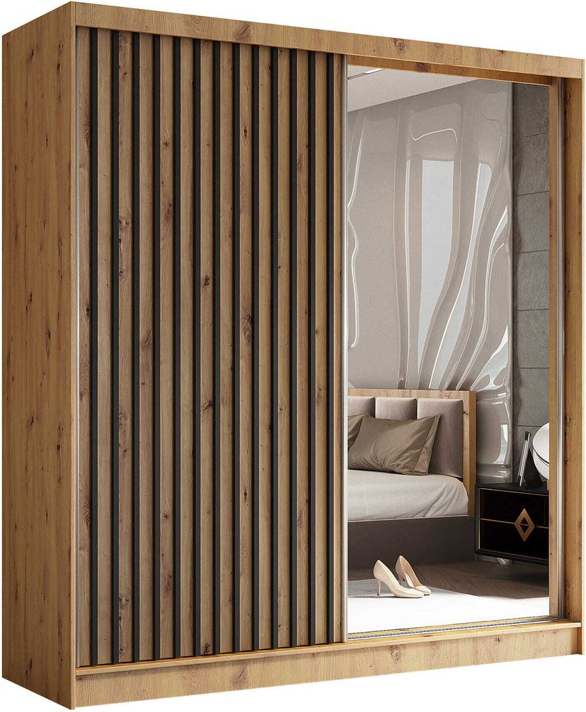 AGMAT Schwebetürenschrank Nevada, Kleiderschrank mit Spiegel und 2 Türen, Moderne Garderobe in Farbe: Artisan, Schrank in Größe: 200 x 216 x 61 cm