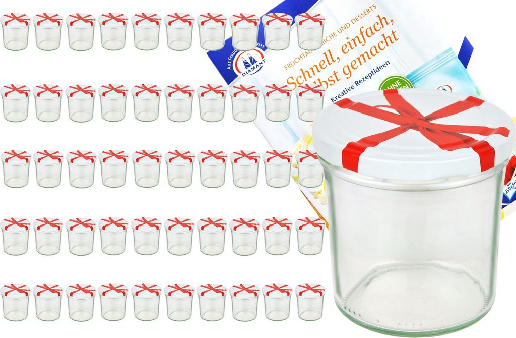 50er Set Sturzglas 350 ml To 82 Schleifendekor Deckel incl. Diamant Gelierzauber Rezeptheft