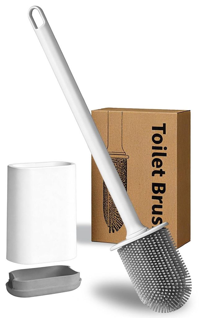 Wandmontierte WC-Bürste, Silikon-WC-Bürstenset mit flachem und flexiblem Bürstenkopf, Badezimmer-WC-Bürste mit Turbotrocknungsfunktion (weiß)
