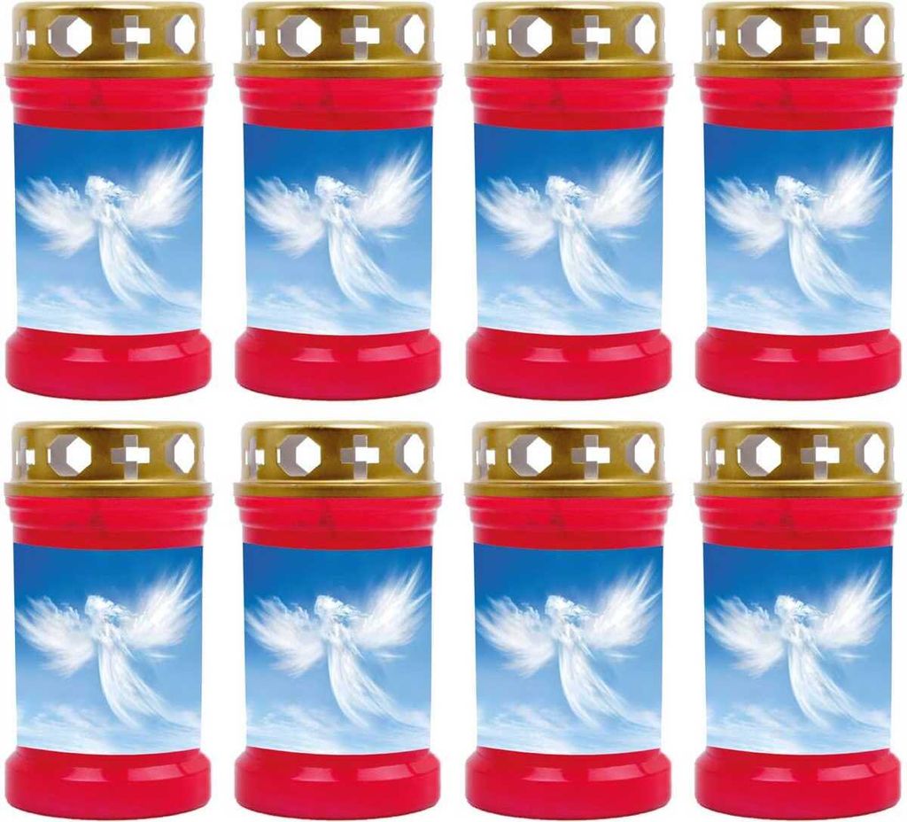 Grabkerze Rot 8er Pack, Brenndauer: 40 Stunden ( je Kerze ), Motiv: Engel