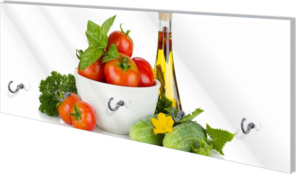 Wallario Flurgarderobe Wandgarderobe aus Glas, mit 5 Haken, Größe 80 x 30 cm, Motiv Frische Salatzutaten mit Kräuter-Öl - Tomaten, Gurke, Peter...