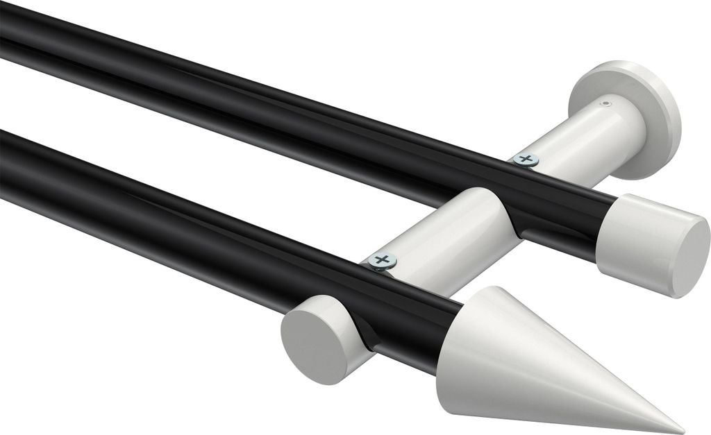 Interdeco Gardinenstange / Vorhangstange Schwarz / Weiß, Typ Platon Savio (Kegel) ohne Ringe, 20 mm Ø 2-läufig, 320 cm