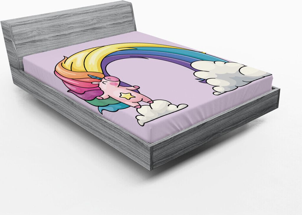 ABAKUHAUS Regenbogen Spannbetttuch, Cute Unicorn über Wolken: Bunt Mane Drucken, 120 x 190 cm, Hellgelb Pfirsich