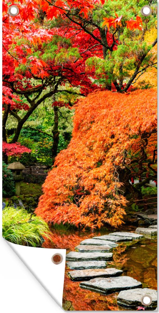 MuchoWow 80x160 cm Outdoor-Poster Gartendeko Sichtschutz Garten Poster für den Garten Bäume - Japanisch - Steine - Weg - Natur
