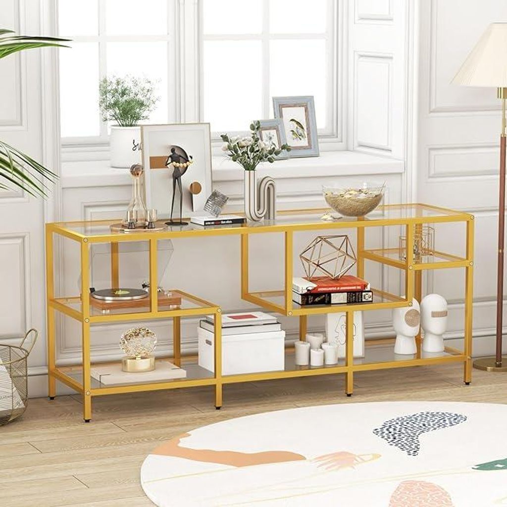 TV-Ständer für Fernseher bis 65 Zoll, TV-Regal mit 5 offenen Regalen, Metallrahmen & gehärtetem Glas, Aufbewahrungsregal, 147 x 40 x 62 cm, Gold
