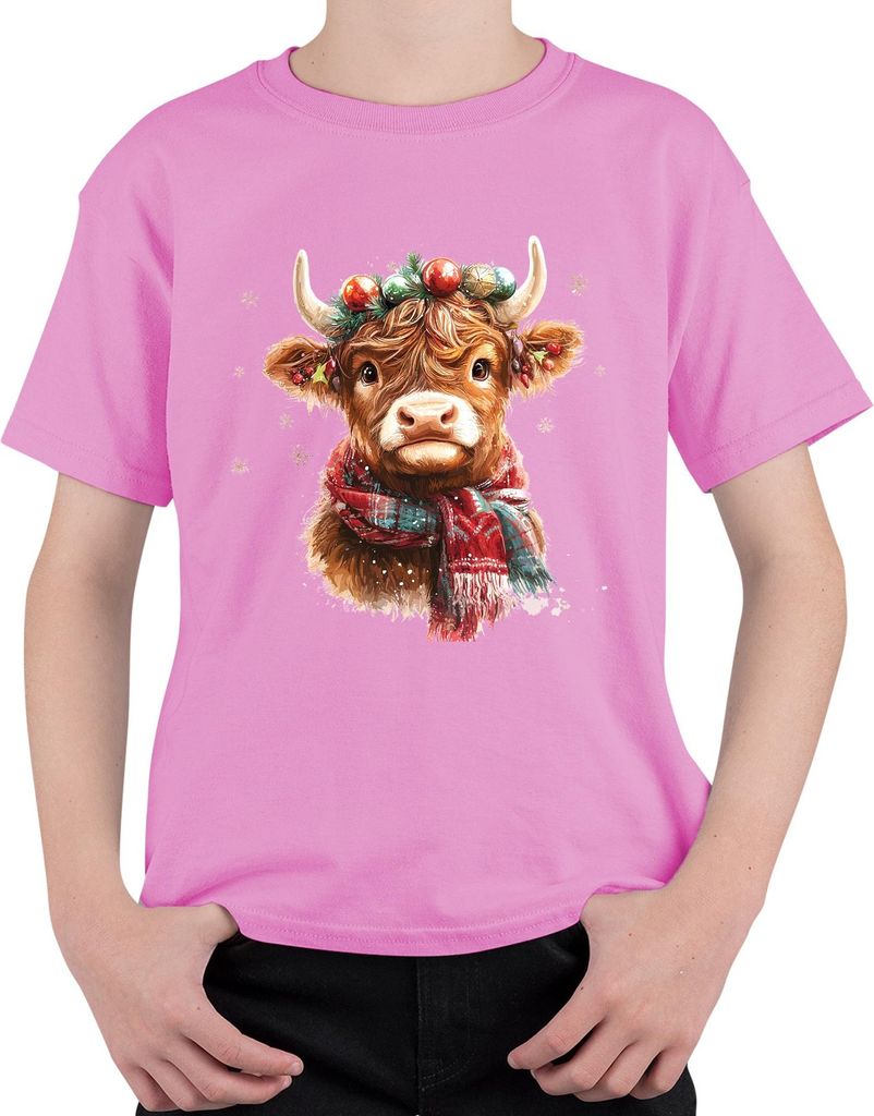 Weihnachten Niedliche Highland Kuh Schneeflocken Vintage Geschenk Uni Kinder T-Shirt, Pink, 152