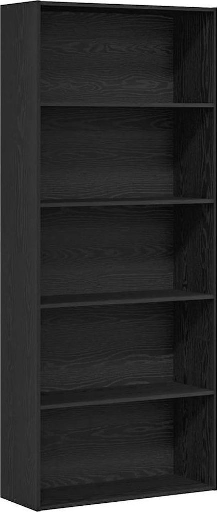 A black, five-shelf bookcase shown from the front.