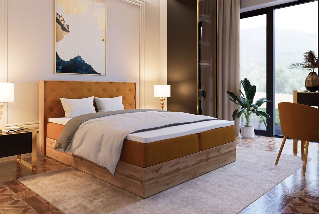 Marlux-Meble Leoni IV Kontinentalbett 180x200 cm Modern Bequemes Hochbett Gepolstert Mit Matratze Und Zwei Bettzeugbehälter (Itaka 33 - Honigfarbe)
