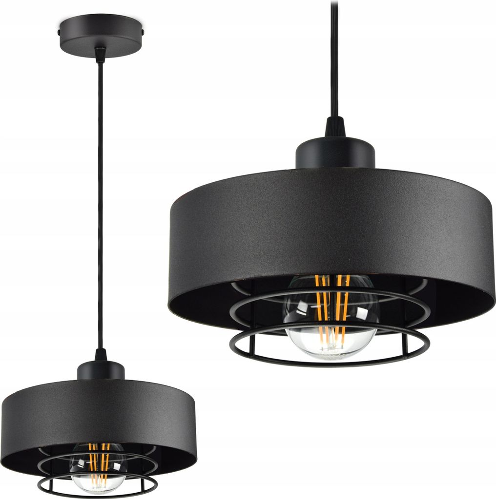 Two views of a black pendant light with a drum shade and a metal cage around the bulb.