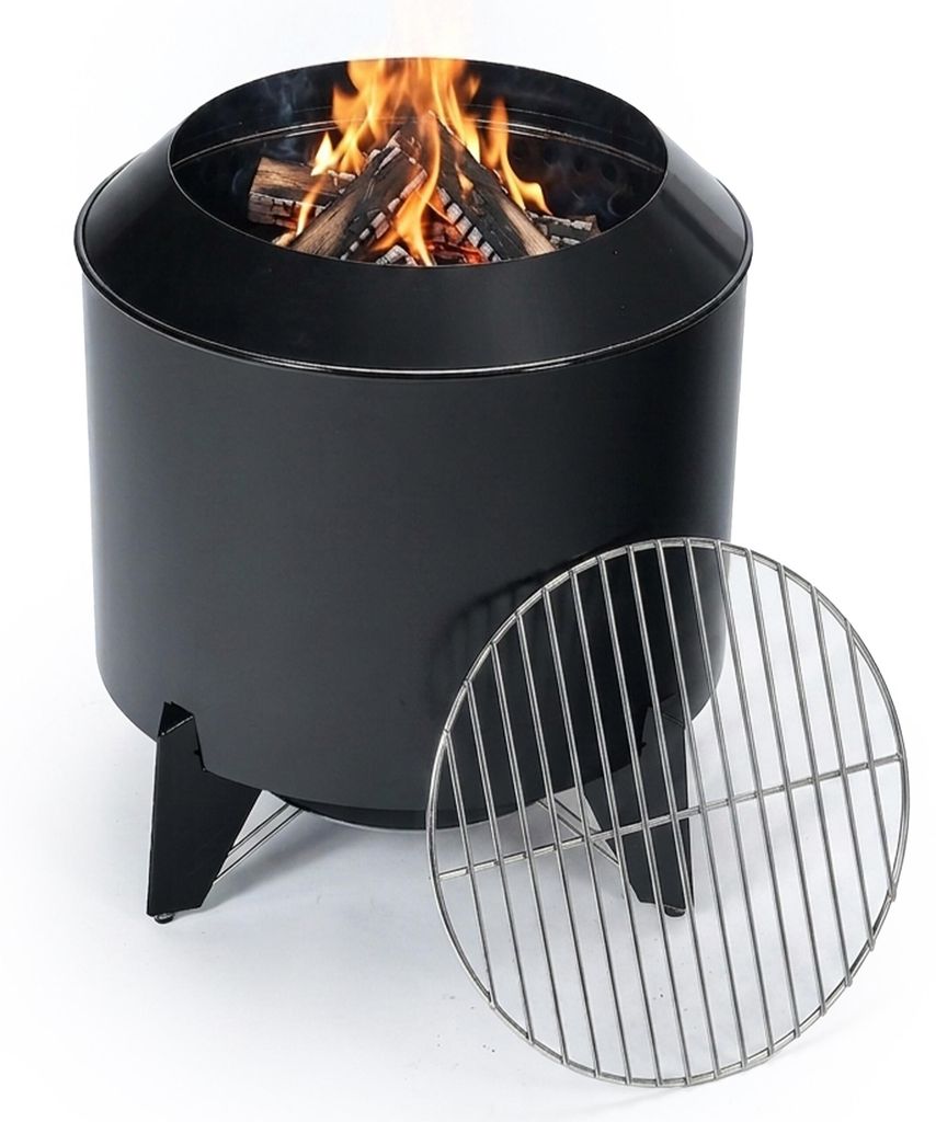 Relaxdays Feuerschale ohne Rauch, 2 in 1 mit Grillrost, Stahl, HxØ: 46x52 cm, emailliert, raucharme Feuerstelle, schwarz